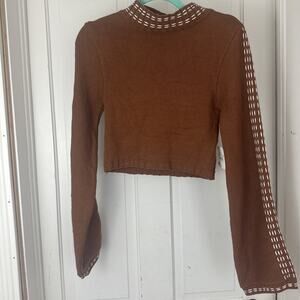 Altar'd State Sweater Womens Brown Whip Stitch XS Long Sleeve Pullover Crop
